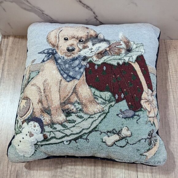 Decorative Holiday Puppy & Kitten Tapestry Pillow  15"x15" Christmas - Picture 3 of 5